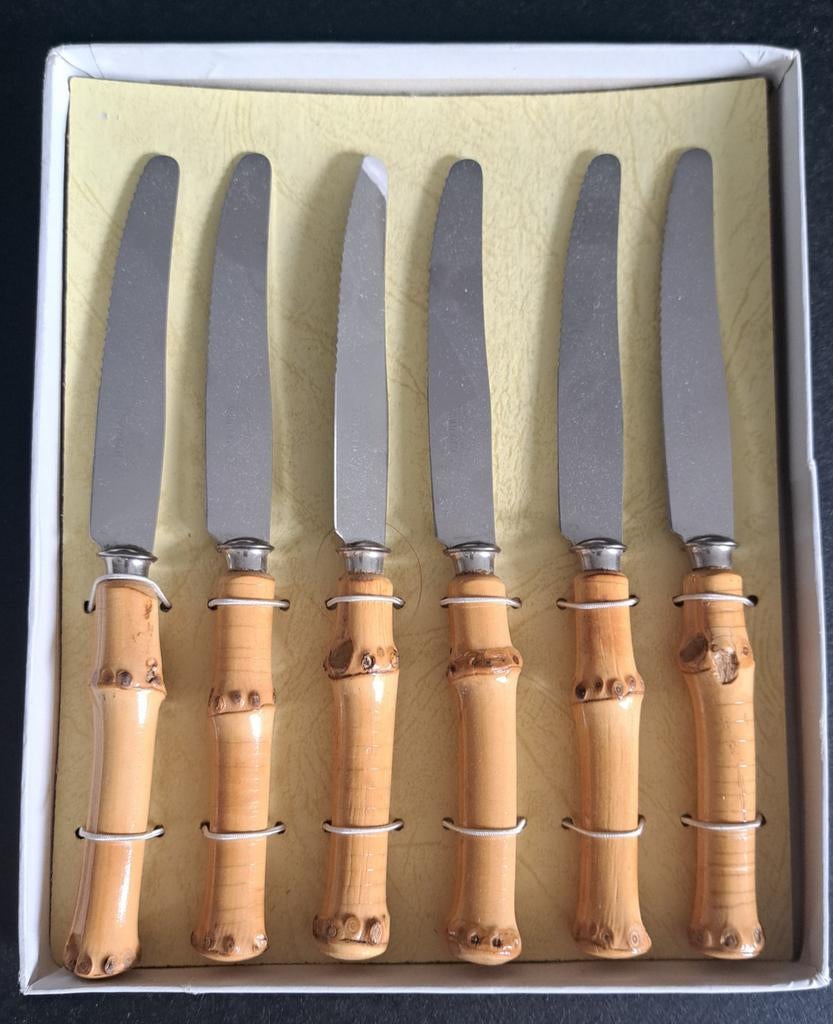 Vintage fruit kaas mesjes 6x in originele verpakking zgan, Antiek en Kunst, Antiek | Bestek, Ophalen of Verzenden