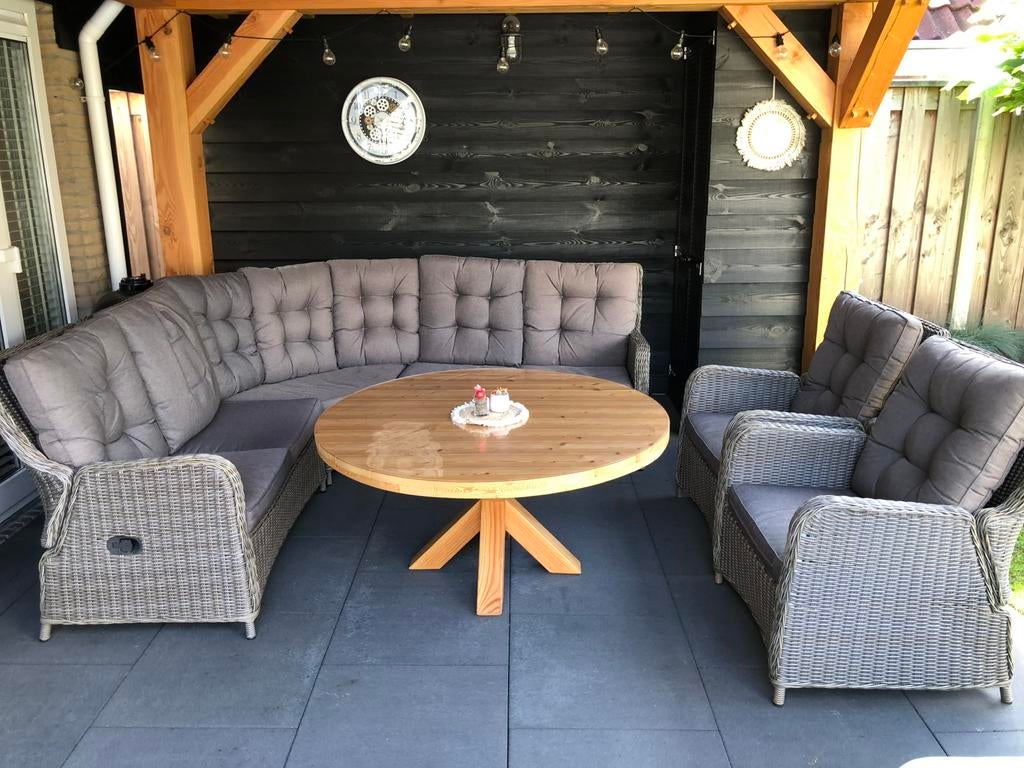 Robuuste ronde Douglas salon/buiten tafel, 130x62 cm, Ophalen, Zo goed als nieuw, Rond, Hout