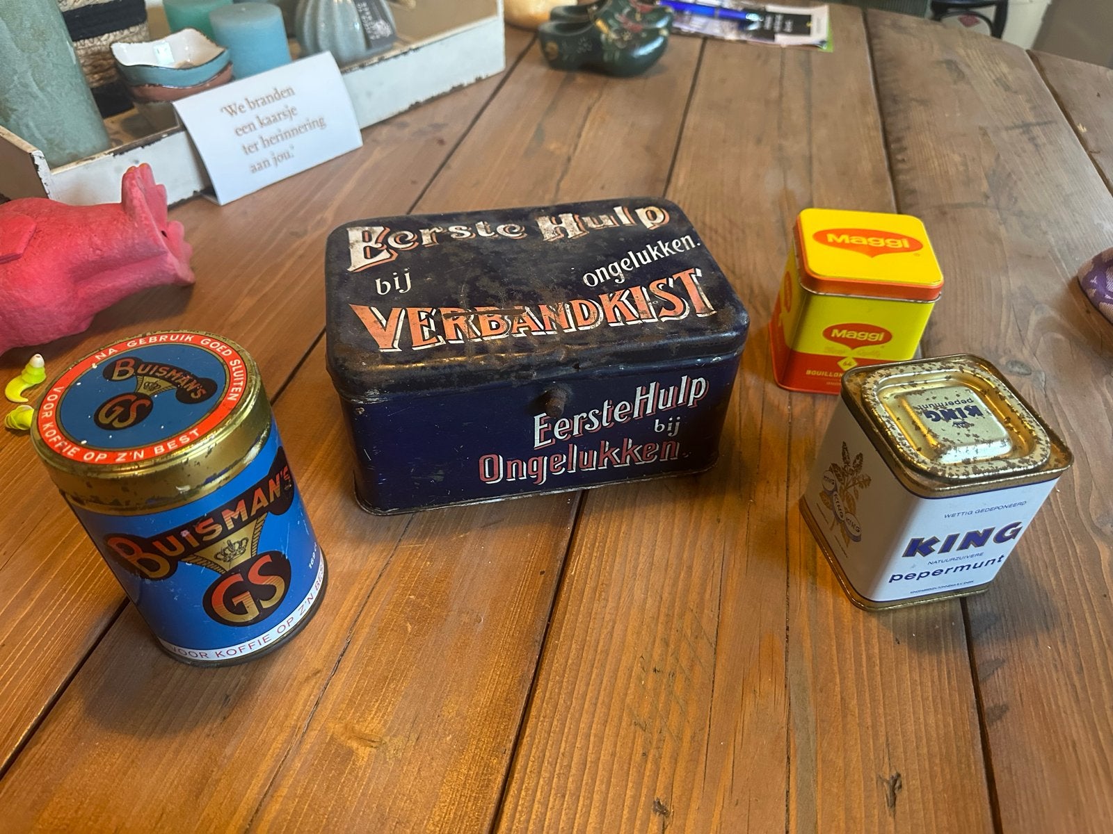 Vintage blikken: Buismans, Maggi, King pepermunt, EHBO, Ophalen of Verzenden, Gebruikt, Koffie, Overige merken