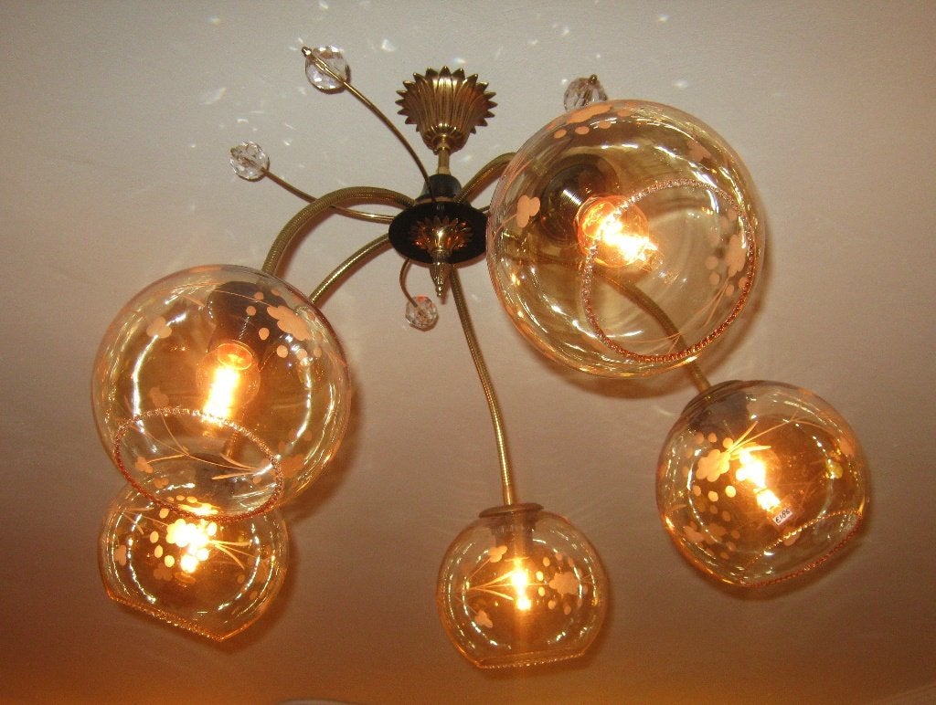Vintage hanglamp met glazen bollen, Huis en Inrichting, Lampen | Hanglampen, Ophalen, Gebruikt, Glas, Minder dan 50 cm