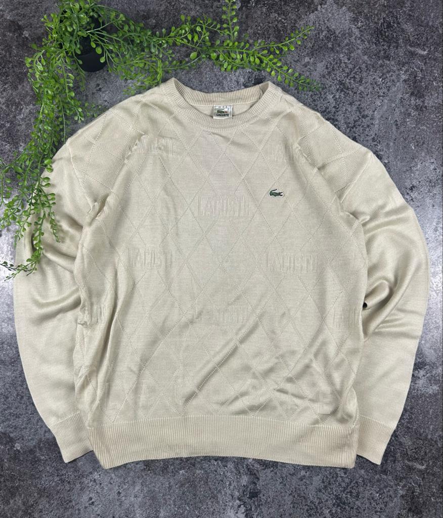 Vintage Lacoste Argyle Gebreide Trui - Crème - Maat L, Ophalen of Verzenden, Zo goed als nieuw, Maat 52/54 (L), Beige