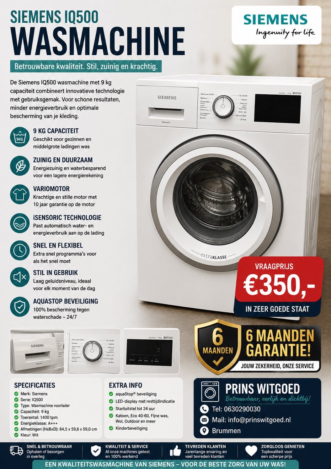 Siemens IQ500 9kg met 6mnd garantie, Ophalen, 8 tot 10 kg, 85 tot 90 cm, 1600 toeren of meer