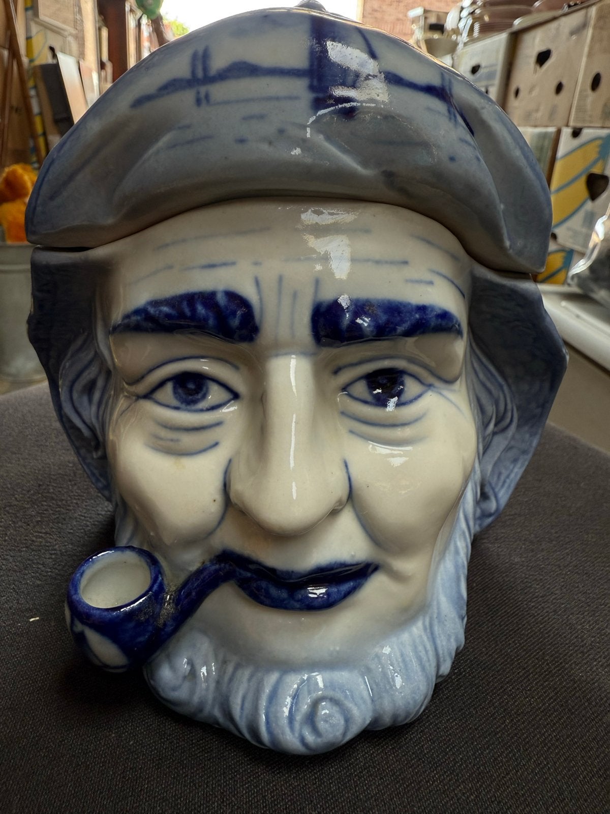 Unieke Keramische Tabakspot Zeeman met Pijp - Blauw/Wit, Antiek en Kunst, Ophalen of Verzenden