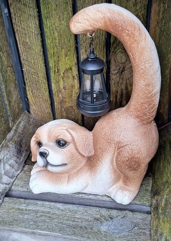 Gezellig solar tuinbeeld kat en hond met lantaarn, Ophalen, Zo goed als nieuw, Kunststof, Dierenbeeld