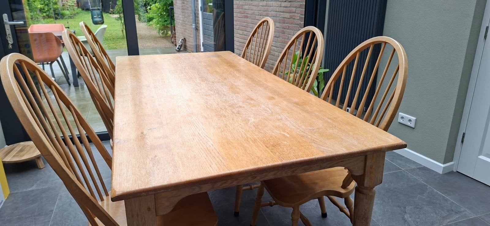 Eikenhouten eettafel met 6 stoelen, Huis en Inrichting, Tafels | Eettafels, Ophalen, Gebruikt, 100 tot 150 cm, Eikenhout