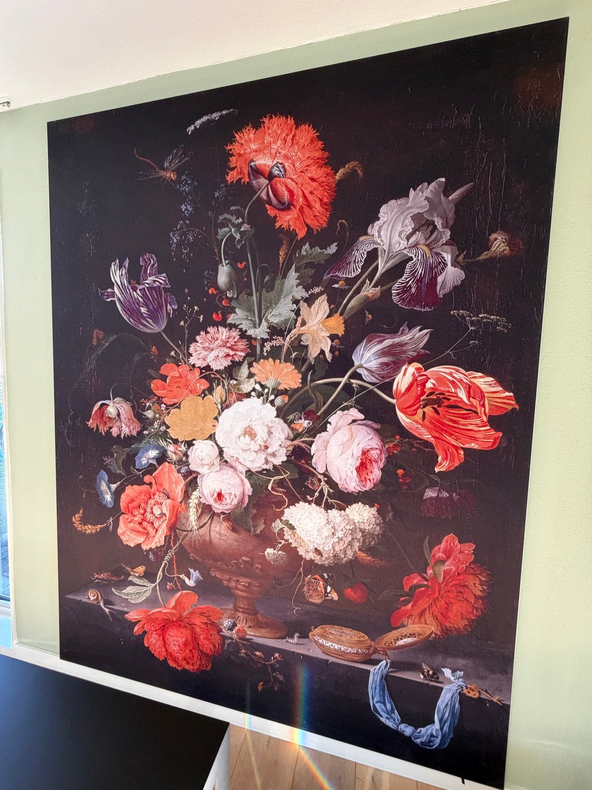 Muurmeester Stilleven met bloemen en een horloge, Ophalen, 125 cm of meer, Zo goed als nieuw, Schilderij