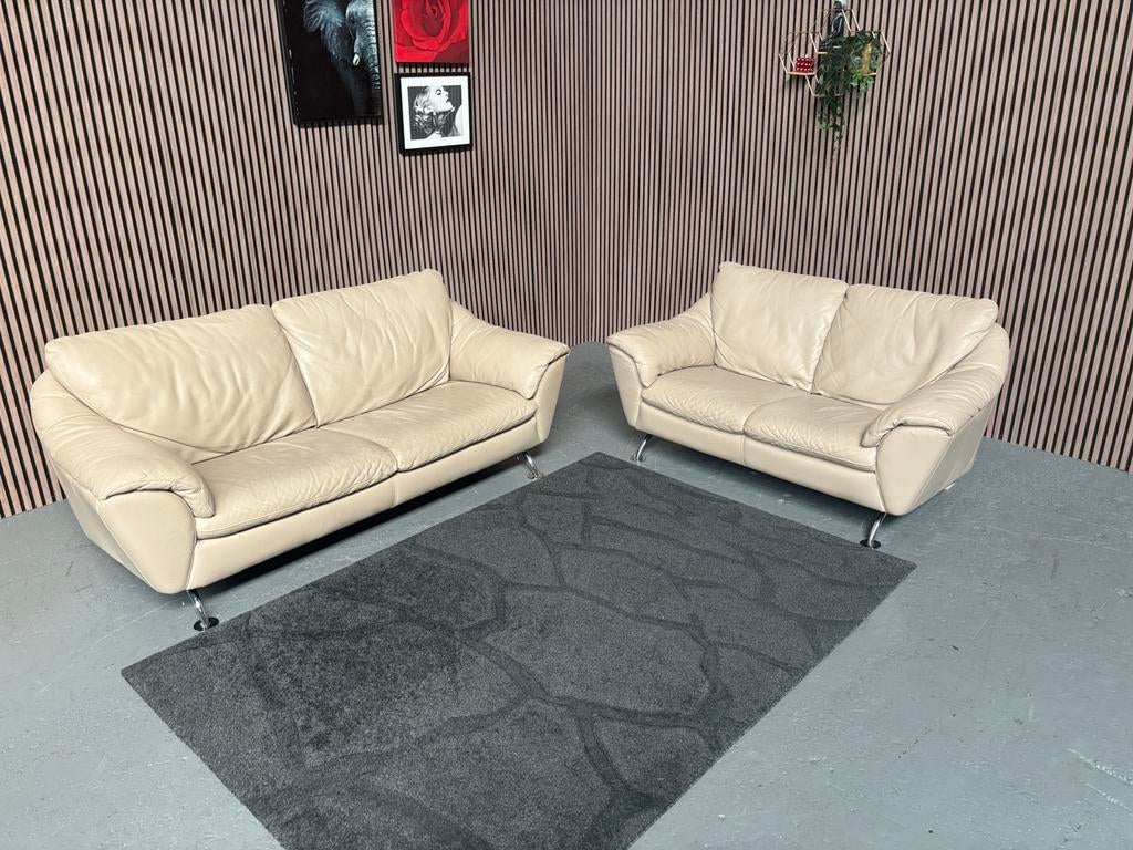 GRATIS LEVERING Set Banken Leer Beige GEREINIGD, 150 tot 200 cm, Ophalen of Verzenden, Zo goed als nieuw, Rechte bank