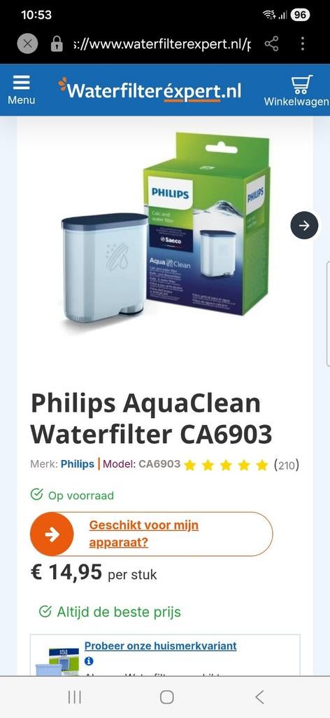Philips AquaClean Waterfilter CA6903/10 voor koffiemachines, Ophalen, Waterfilter, Saeco, Nieuw