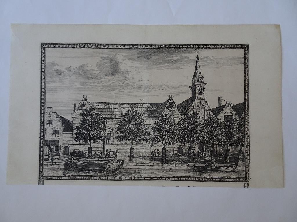 Gravure Oude gasthuis kerk Delft Koornmarkt, C. Decker 1703, Antiek en Kunst, Verzenden