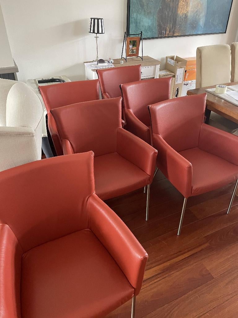 6x Rode Montel stoelen - Zeer goede conditie, Huis en Inrichting, Stoelen, Ophalen, Leer, Zo goed als nieuw, Vijf, Zes of meer stoelen