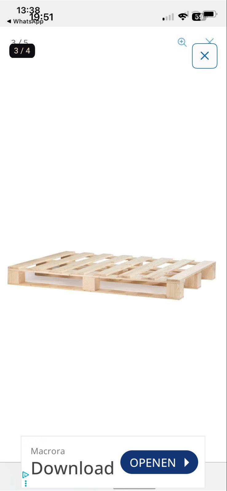 Houten palletbed 140x200 cm - Zo goed als nieuw, Ophalen, Palletbed, Overige kleuren, Tweepersoons