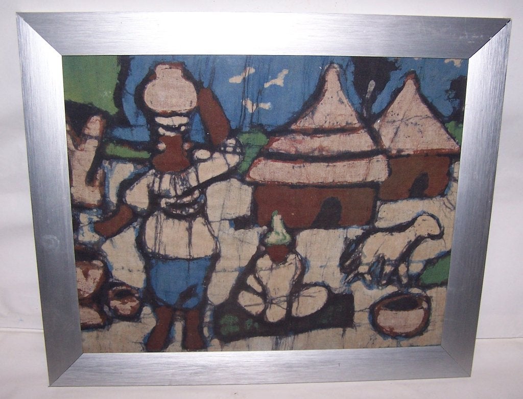 ngelijst Batik kunstwerk Afrikaans dorp. Nwst. 35 x 29cm., Antiek en Kunst, Textiel, Afrika, Overige typen, Ophalen of Verzenden