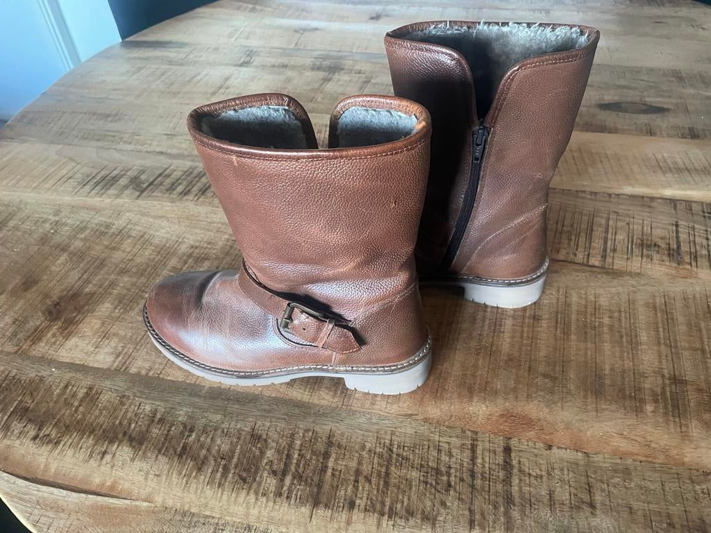 Bruine leren laarzen - Nooit gedragen, lichte beschadiging, Kleding | Dames, Schoenen, Ophalen of Verzenden, Zo goed als nieuw