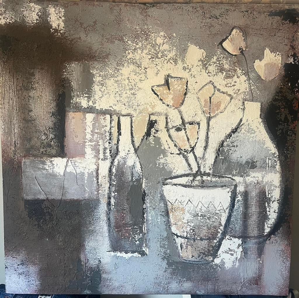 Handgeschilderd Schilderij 100x100 cm - Bruintinten, Antiek en Kunst, Kunst | Schilderijen | Abstract, Ophalen of Verzenden
