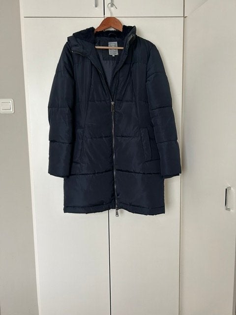 Donkerblauwe gewatteerde jas met teddy gevoerde capuchon., Kleding | Dames, Ophalen, Gedragen, Maat 38/40 (M), Blauw