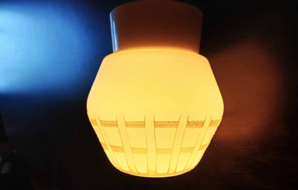 Vintage Plafondlamp / Geel-Groen Opaline Glas / Jaren 60 70, Gebruikt, Wit, Plafondlamp, Glas