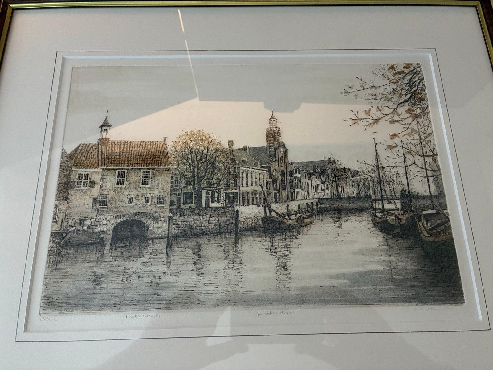Ets A. Wieringa - Delfshaven Rotterdam (80/250), Antiek en Kunst, Ophalen, Stadsgezicht, Ets, Genummerd