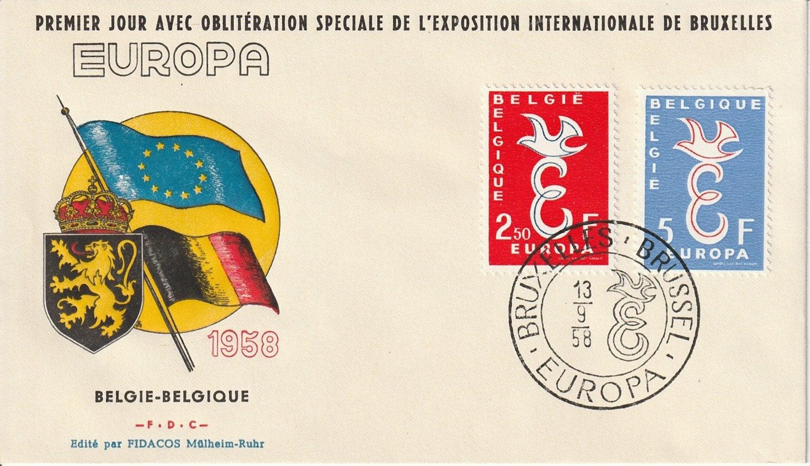 FDC 1958 België Europa letter E en duif, Ophalen of Verzenden, Onbeschreven, Europa