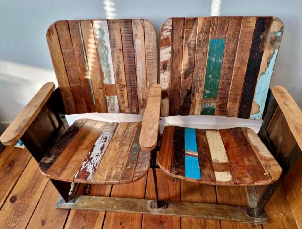 Vintage Brocante Bioscoop Stoelen van Sloophout en IJzer, Ophalen