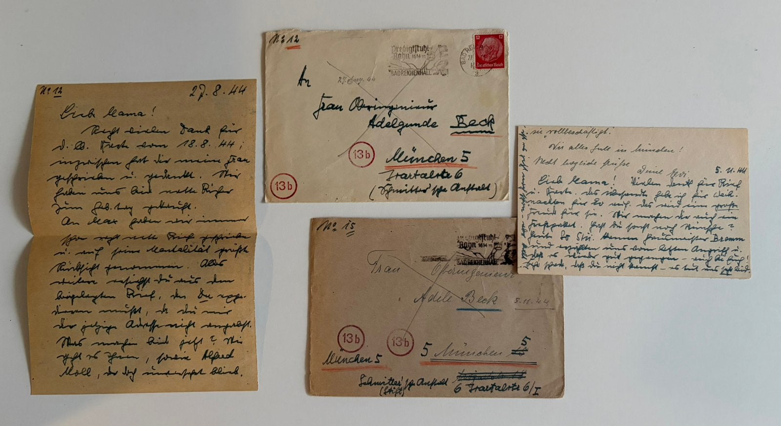 Twee Duitse brieven uit 1944 aan Adele Beck, van haar zoon., Ophalen of Verzenden, Brief