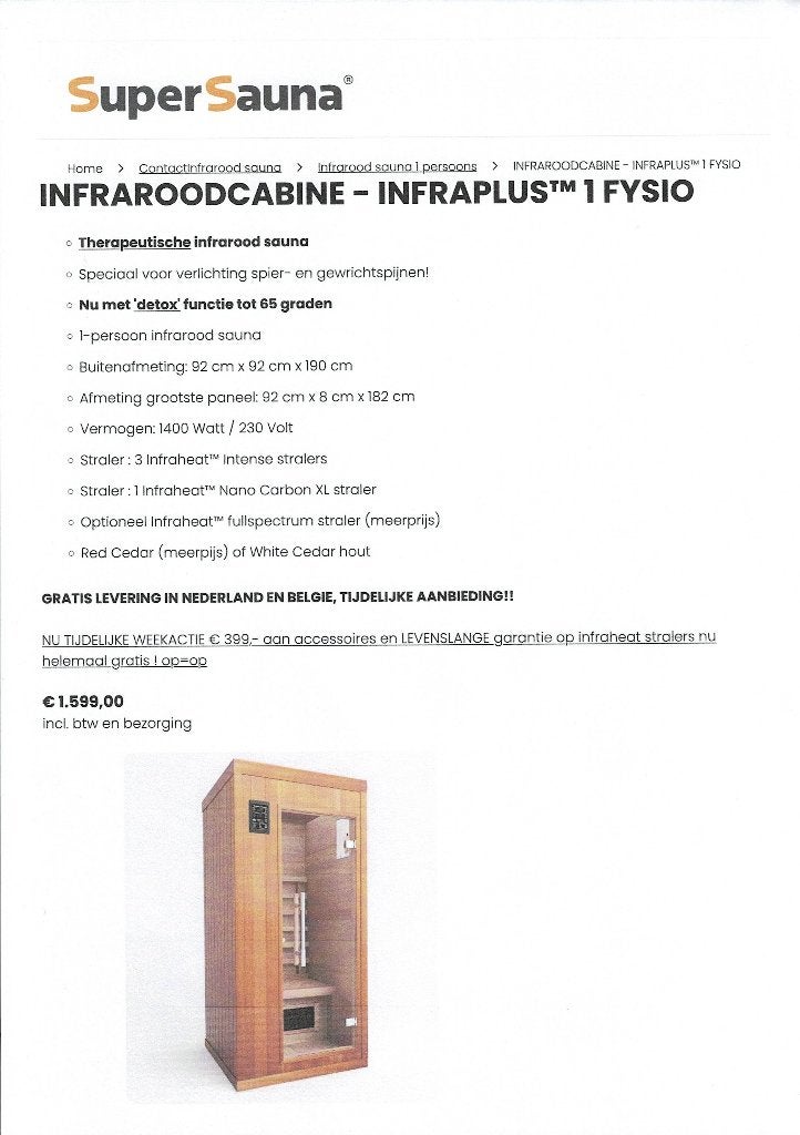 sauna 1 persoons infra rood, Ophalen, Gebruikt, Infrarood, Complete sauna