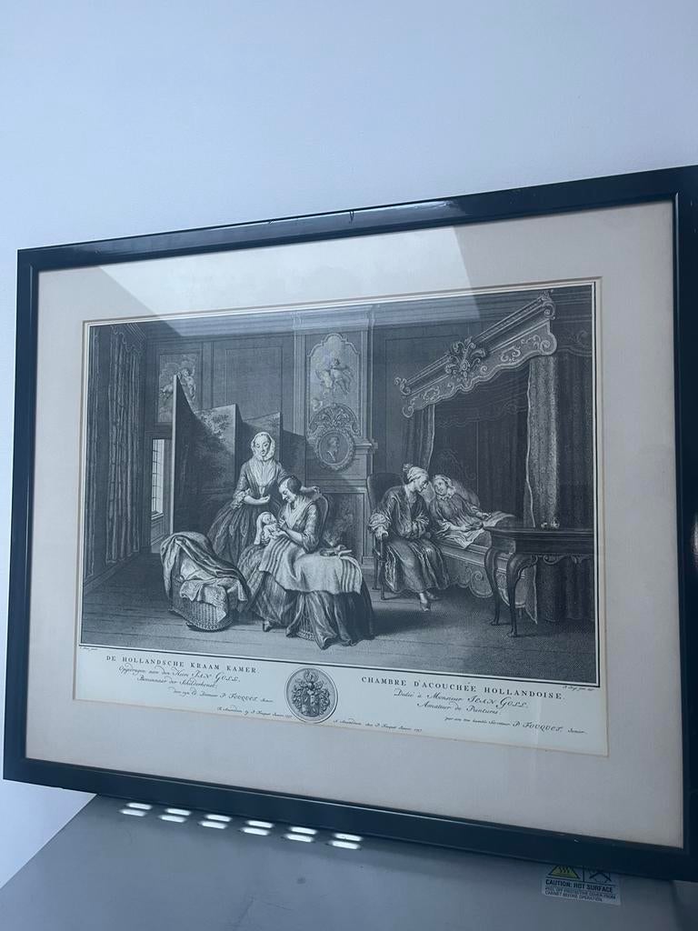 18e-eeuwse kopergravure (1757) “De Hollandsche Kraam Kamer”,, Antiek en Kunst, Ophalen of Verzenden