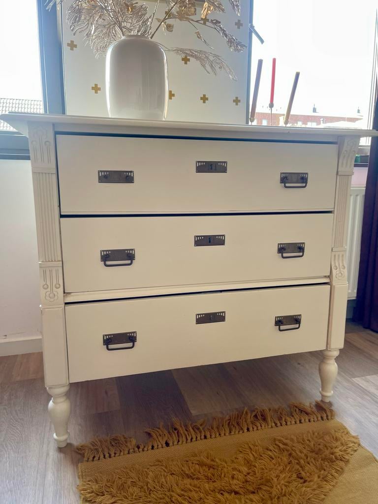 Brocante Crème lade/buikkast met 3 laden - Klassiek design, Gebruikt, 100 tot 150 cm, 3 of 4 laden, Brocant