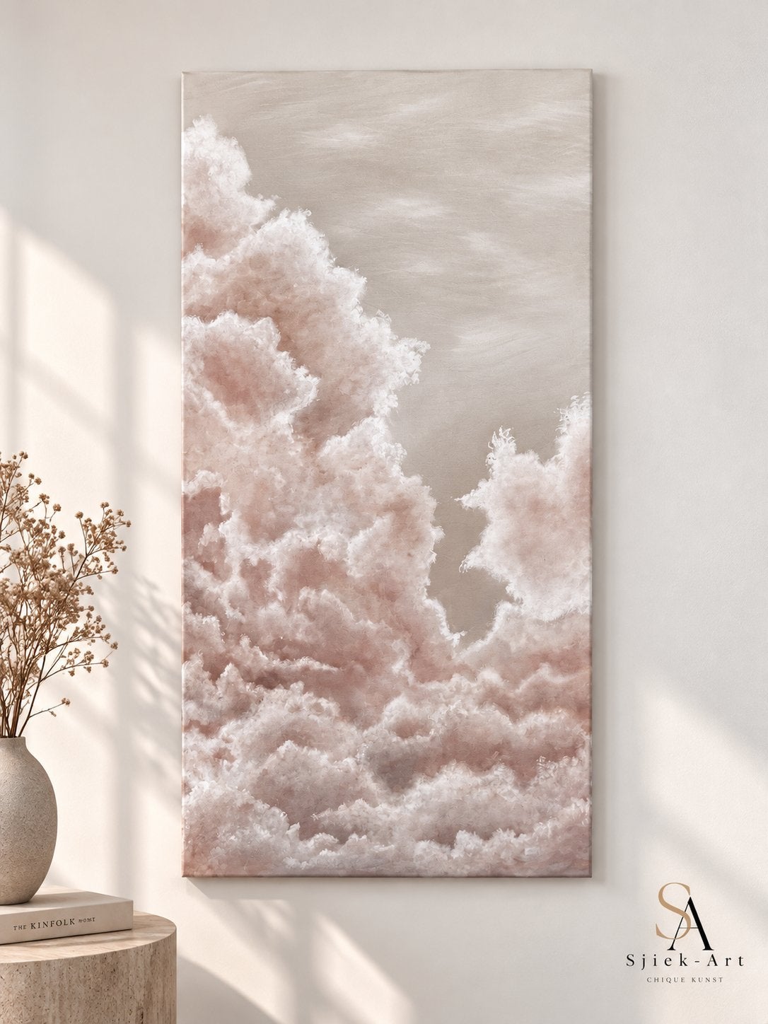 Sjiek-Art Wolken Schilderij - Roze en Beige Abstract, Ophalen of Verzenden