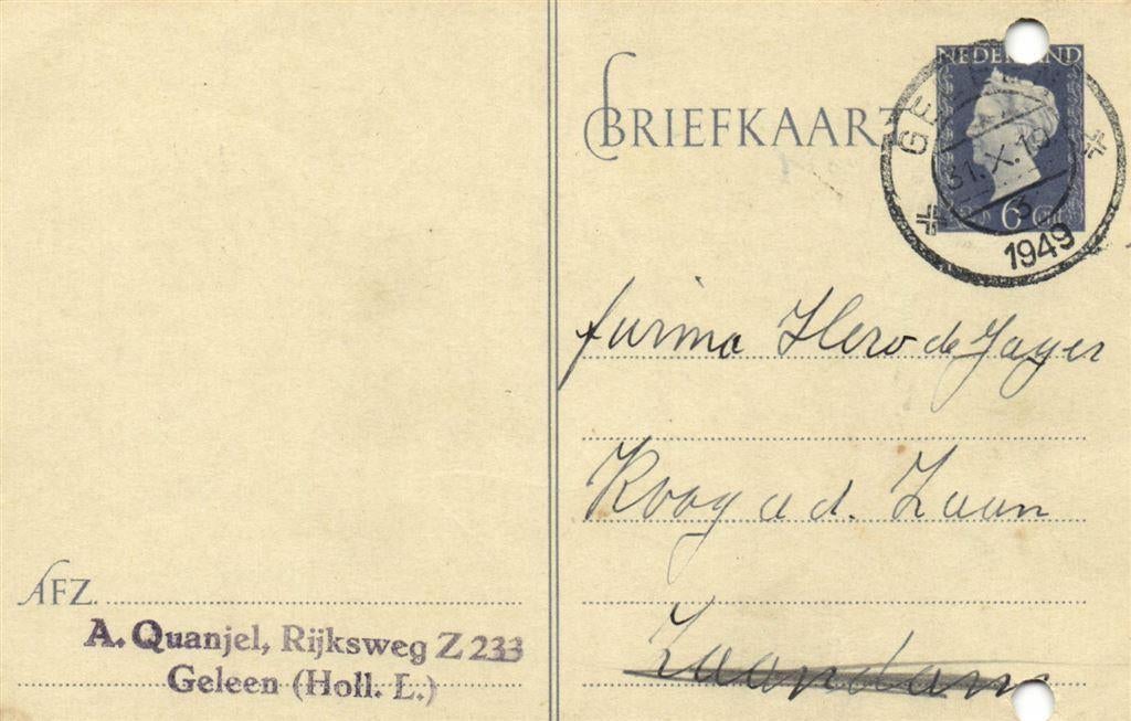 A. Quanjel, Geleen [Holl.L.] - 10.1949 - briefkaart, Ophalen of Verzenden, Briefkaart