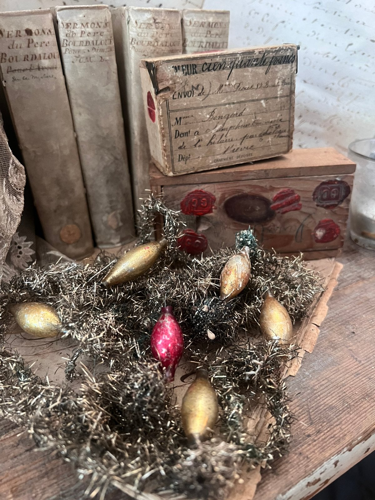 Antiek oude kerst kerstversiering slinger tinsel glas kraal, Diversen, Kerst, Ophalen of Verzenden, Gebruikt