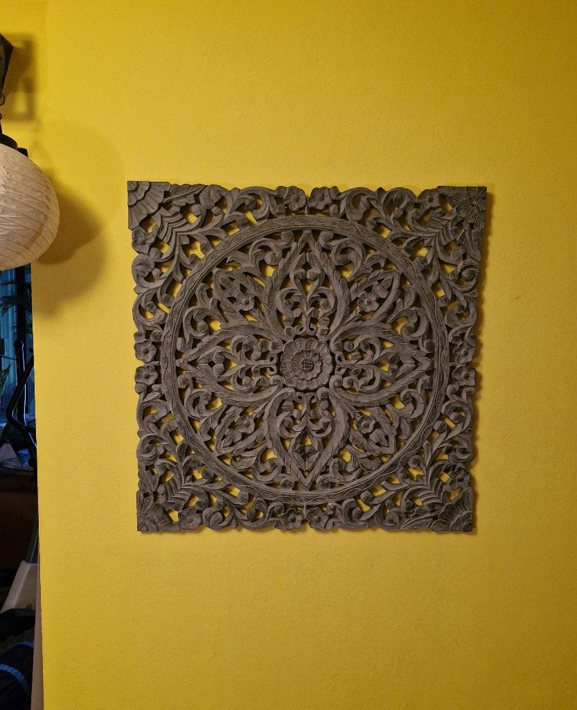 Houten wanddecoratie met mandala/bloemmotief, Huis en Inrichting, Ophalen, Hout, Vintage, Zo goed als nieuw