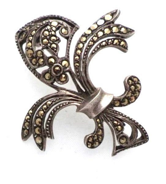Prachtige vintage zilveren Lelie broche 835 met Markasieten, Ophalen of Verzenden, Zo goed als nieuw, Zilver, Zilver