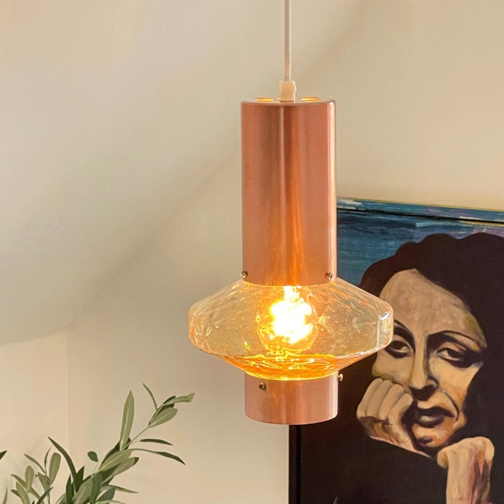 vintage Mid Century Deens design LAMP koper glas Scandinavie, Gebruikt, -, -, Glas