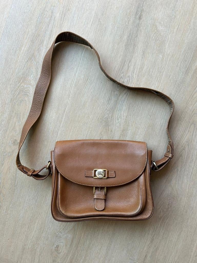 Burberry vintage tas bruin camel leer schoudertas, Overige merken, Gebruikt, Bruin, Verzenden