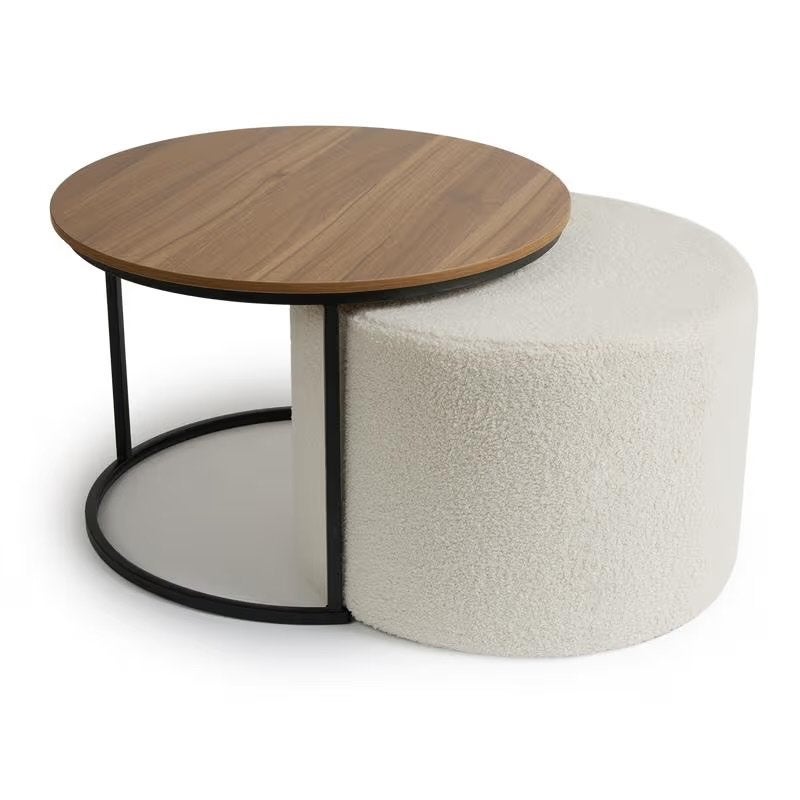 Salontafel met poef, rond, hout en teddy stof, Ophalen, Rond, Nieuw, 50 tot 100 cm