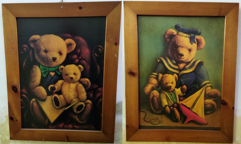Twee schilderijen met beertjes., Antiek en Kunst, Ophalen, Vintage, Dieren