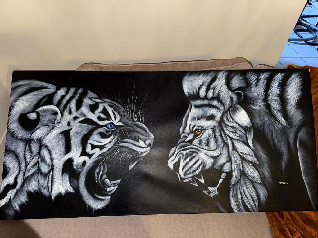 Schilderij tijger en leeuw, Antiek en Kunst, Ophalen of Verzenden