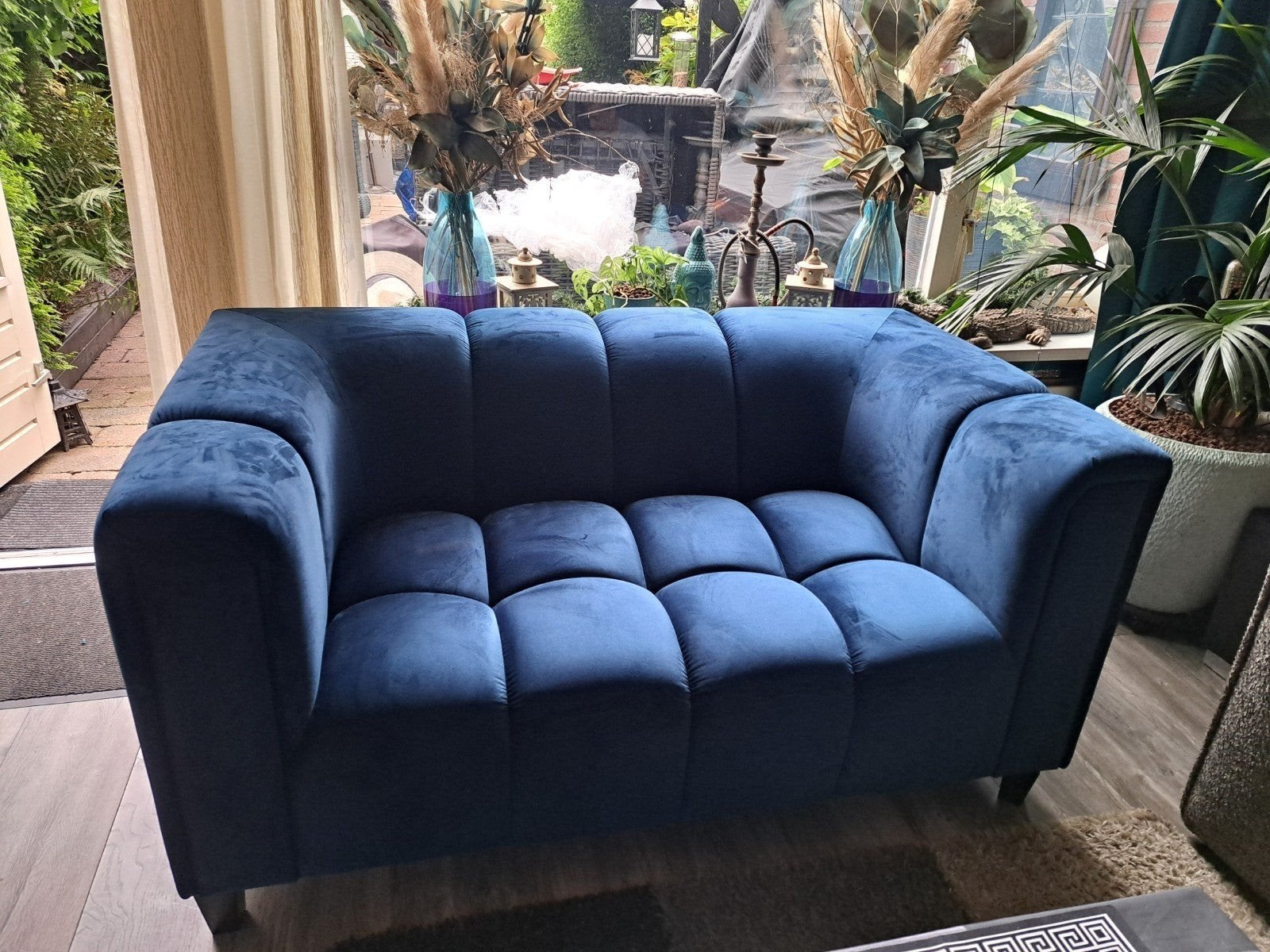 Stijlvolle blauwe bank van fonQ 160 breed  hoogte 100, Ophalen, 150 tot 200 cm, Tweepersoons, 75 tot 100 cm