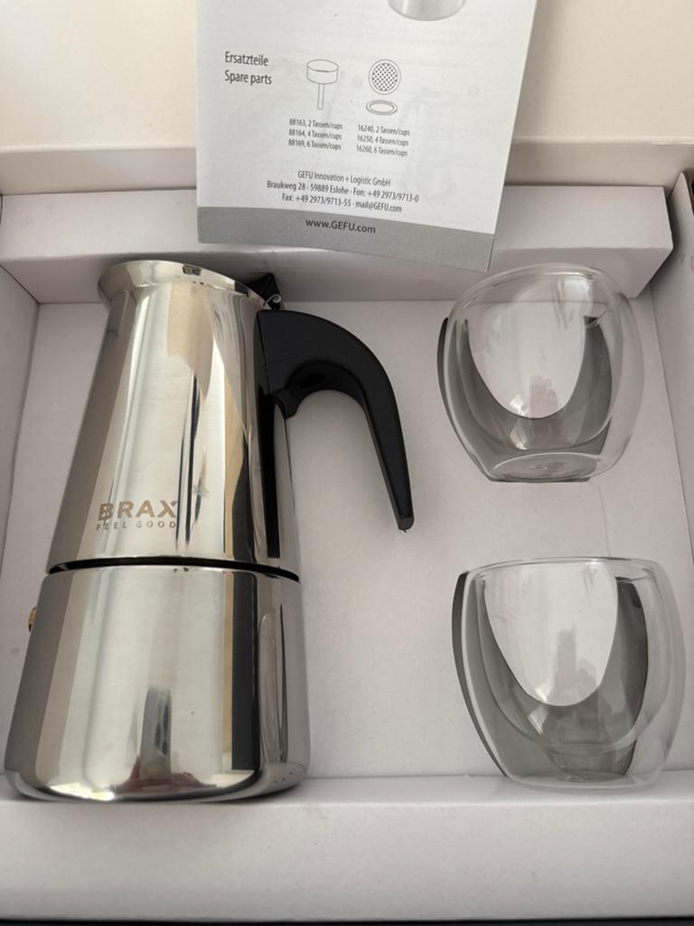 GEFU Emilio Espressokoker RVS met 2 dubbelwandige glazen, Witgoed en Apparatuur, Koffiezetapparaten, Nieuw, Gemalen koffie, Espresso apparaat