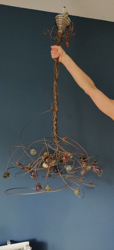 Hanglamp (koperdraad+glazen knikkers) 95cm hoog, 70cm breed, Ophalen, Gebruikt, Glas, E14 (klein)