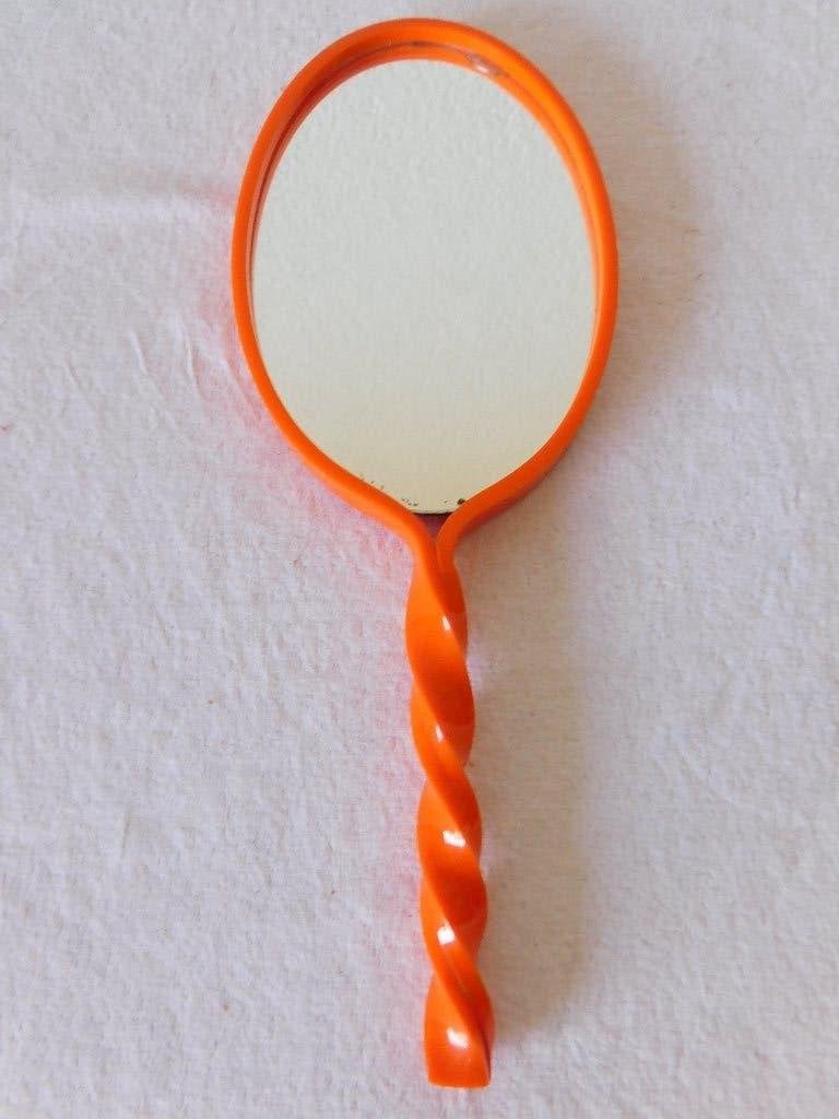 Vintage handspiegeltje met oranje gedraaid handvat, afm. 27,, Ophalen of Verzenden, Overige typen