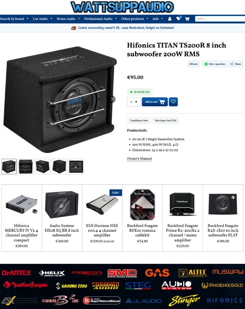 Hifonics TITAN TS200R 8 inch subwoofer 200W RMS, Audio Design, Nieuw, Am Breilingsweg 3, 76709 Kronau, Duitsland, Ophalen of Verzenden