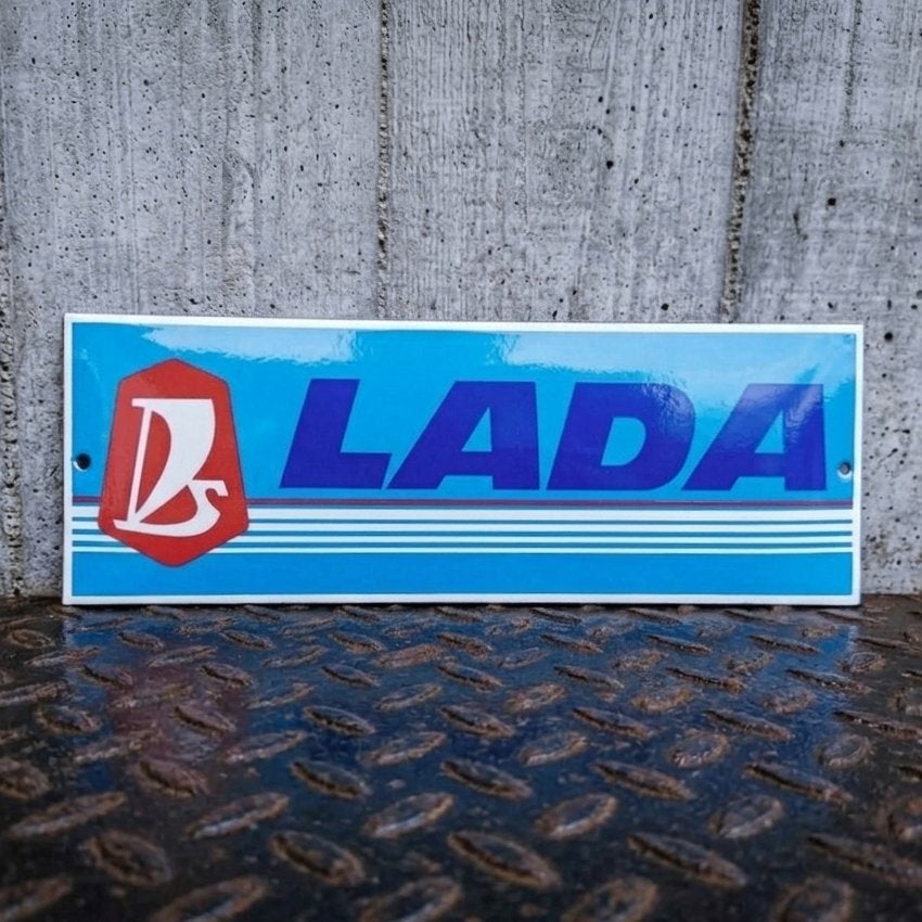 Emaille Schild LADA Auto Dealer Reclamebord Vintage DDR Era, Verzamelen, Verzenden, Gebruikt, Reclamebord