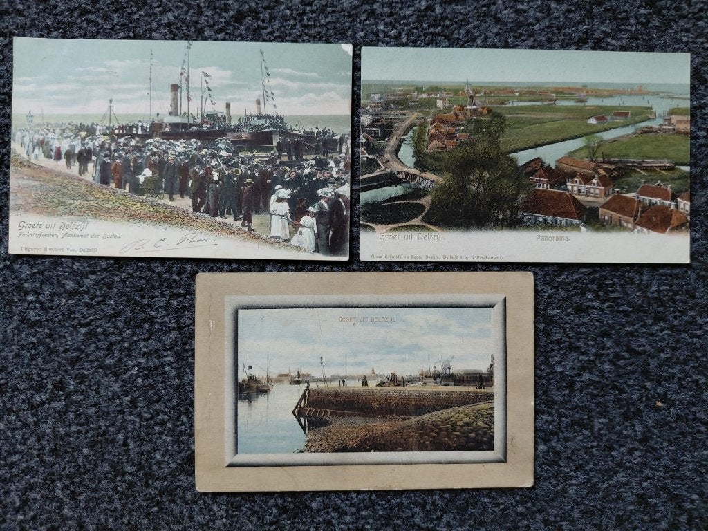 Drie oude ansichten Delfzijl, Farmsum, Ophalen of Verzenden, Voor 1920, Gelopen, Groningen