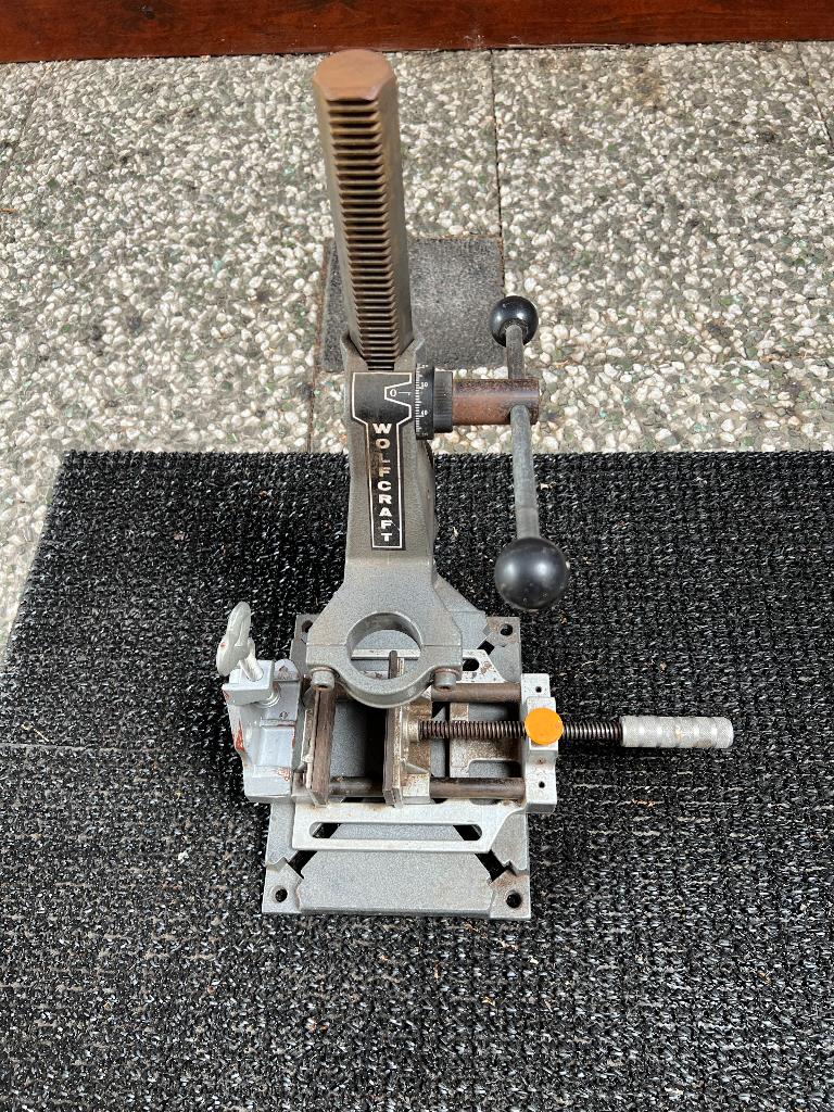 Wolfcraft Boorstandaard met bankschroef - Gebruikt, Doe-het-zelf en Verbouw, Gereedschap | Boormachines, Ophalen of Verzenden