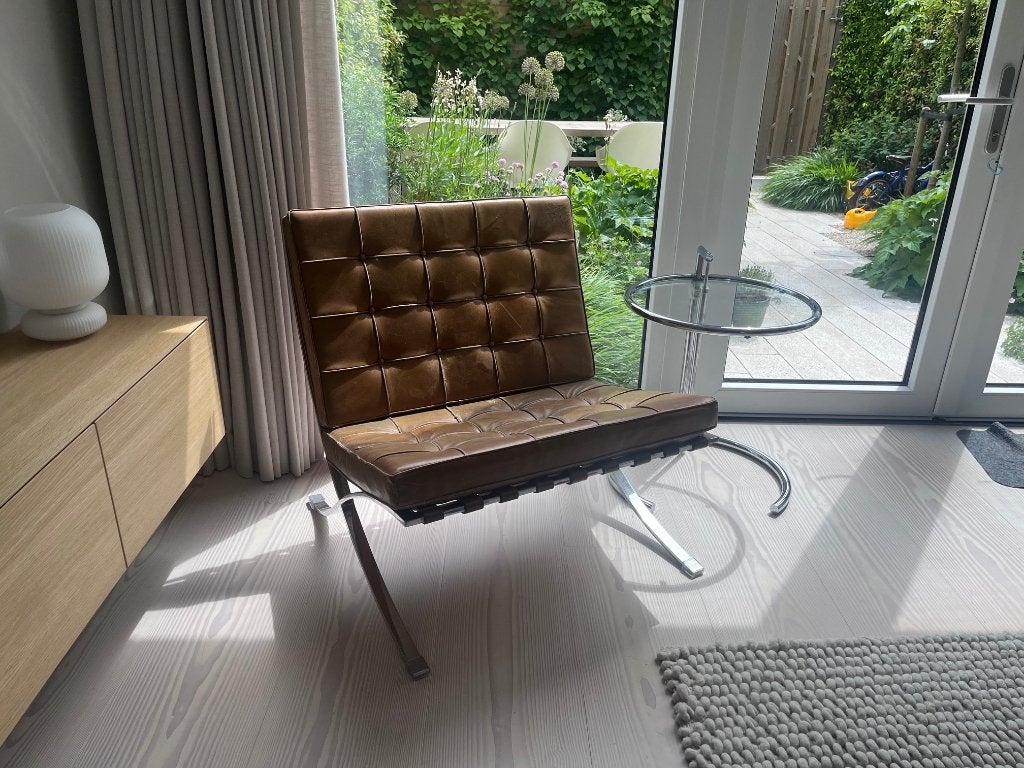 Originele Vintage Barcelona Chair in Cognac – ca. 1958, Ophalen, Gebruikt, 75 tot 100 cm, Leer