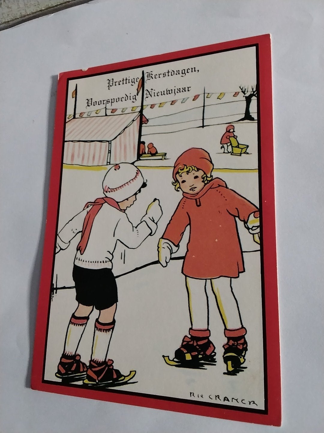 Oude Kerstkaart Rie Cramer Schaatsende Kinderen  1976, Ophalen of Verzenden