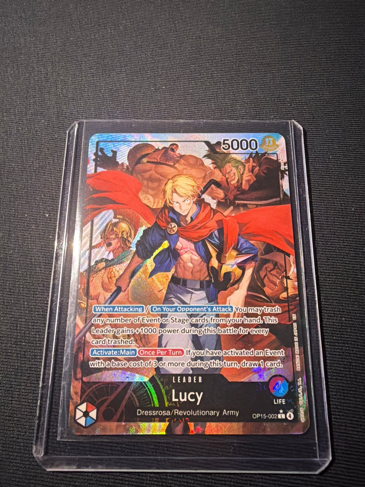 One Piece Card Game Lucy Leader OP05-002, Ophalen of Verzenden, Zo goed als nieuw, Losse kaart, Foil