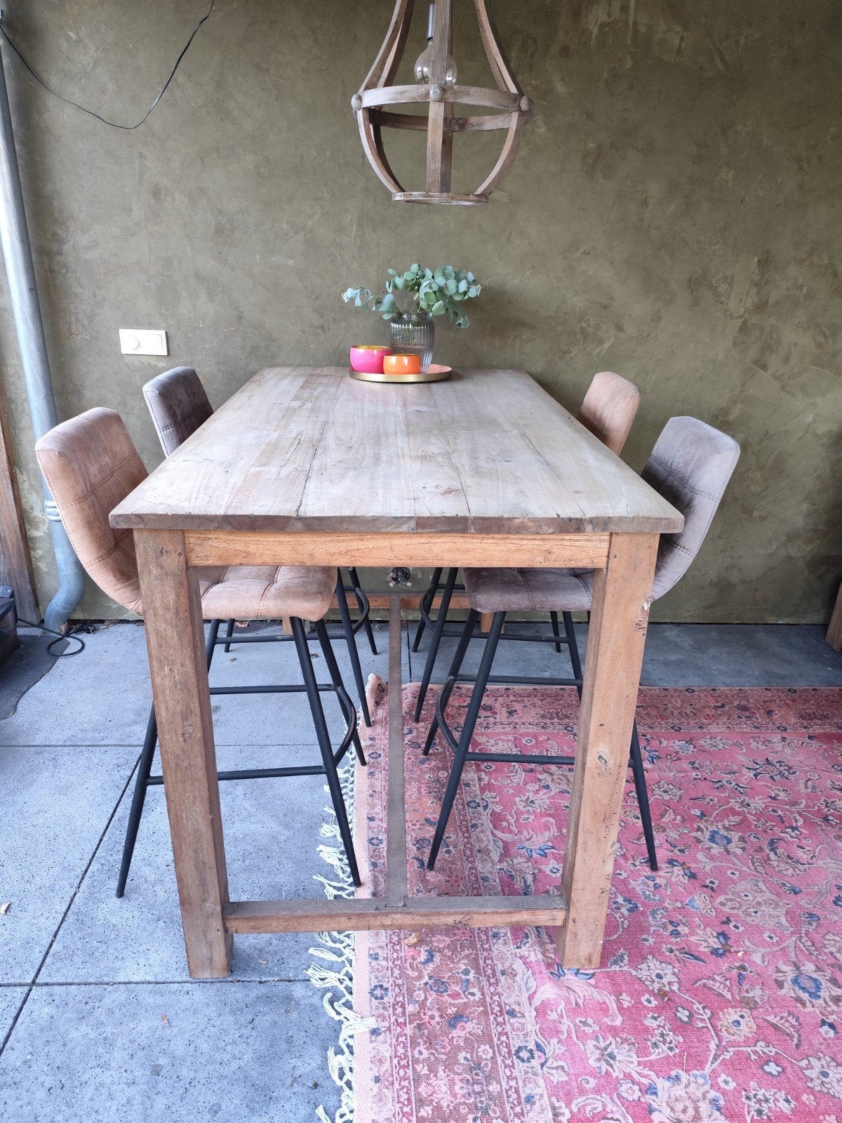 Teak Bartafel met 4 Krukken - 160x90x101 cm, Ophalen, Zo goed als nieuw, Rechthoekig, 50 tot 100 cm