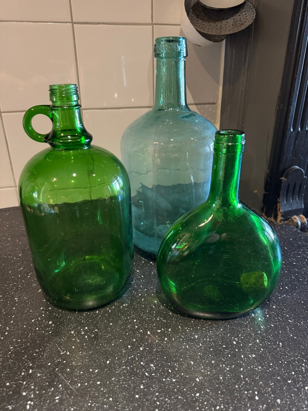Set van 3 Vintage Glazen Flessen - Groen en Blauw, Ophalen of Verzenden